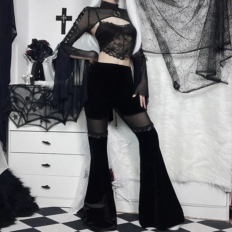 Fall Pants Dark Mesh Patchwork Slim Slim High-waisted Bell Bottoms Casual Pants
