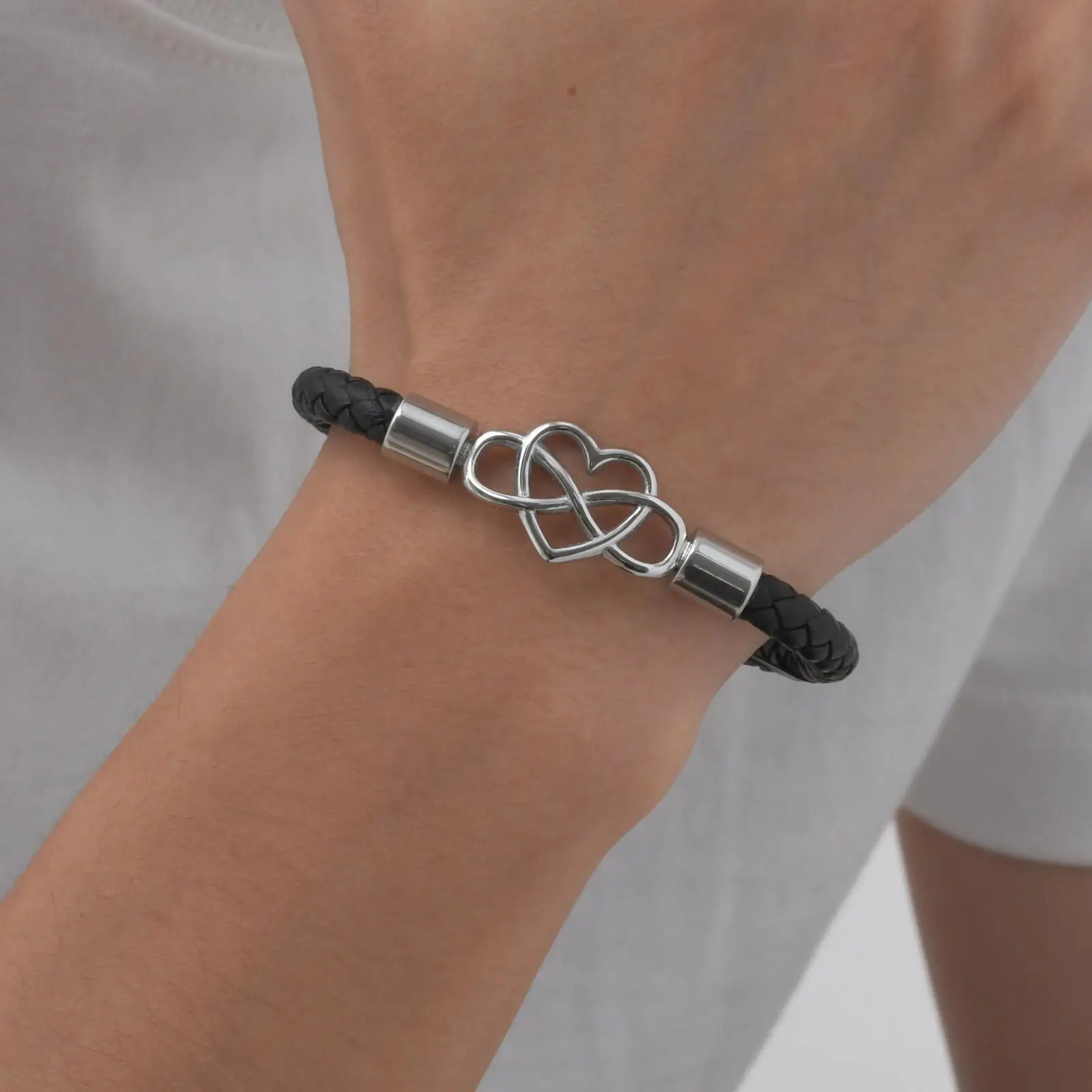 Black Microfiber Leather Rope Bracelet for Men,Infinite Hart-shaped Stainless Steel Bracelet,Anniversary Gifts for Him