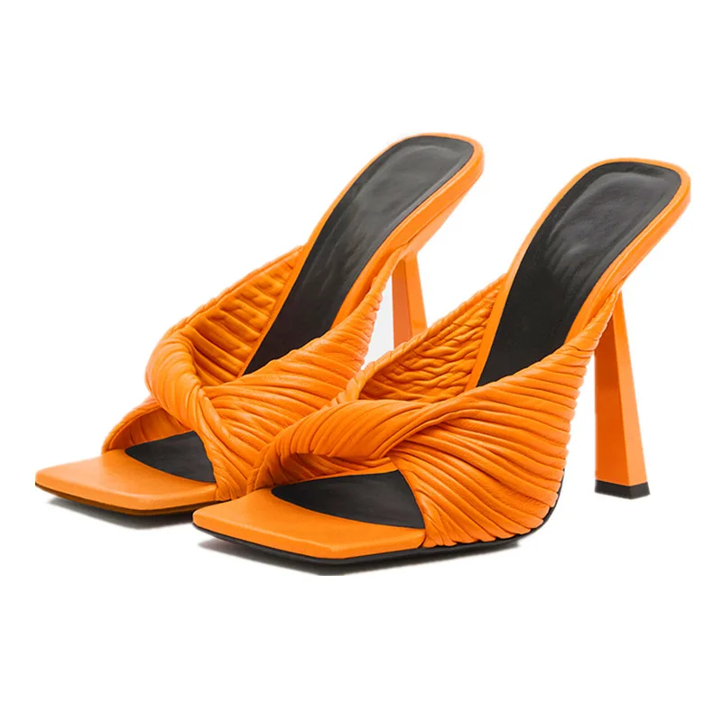 

Summer Slippers Women Pleated Sandalias Female Square Toe Dress Shoes Women Fashion Stiletto High Heels Women Femmes Chaussures