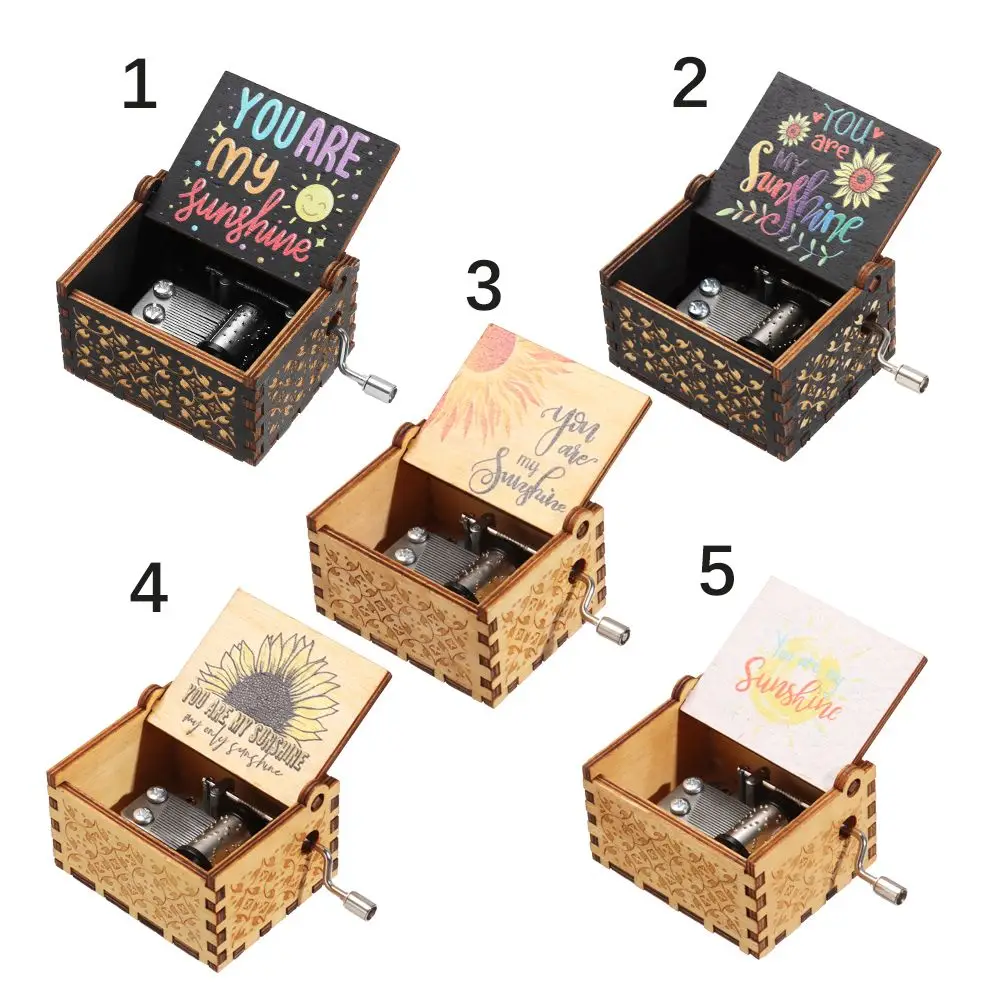 Thanksgiving Christmas Suitable Gifts Christmas Wooden Hand-Cranked Black Engraved Musical Boxes You are My Sunshine Music Box 5