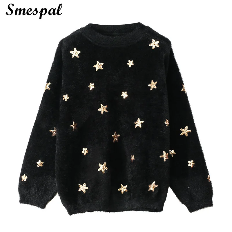 Women Winter Sweater Faux Mink Cashmere Fashion Solid Knitted Pullovers In Star Sequin Details | Женская одежда