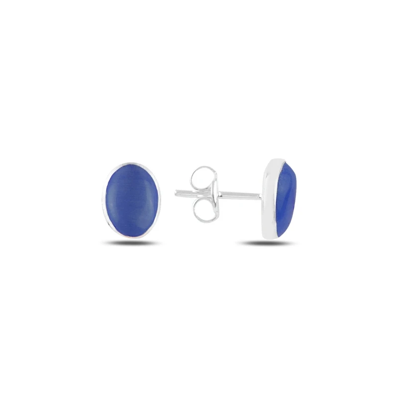 

Silver 925 Sterling Oval Blue Cat 'S Eye Stone Earrings