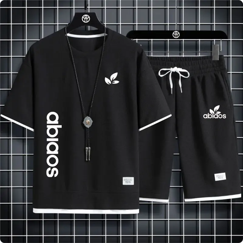 

Summer New Fashion Print Fabric Waffle Short Sleeve + Shorts Dress Casual Men's Sportswear Hip-Hop Streetwear