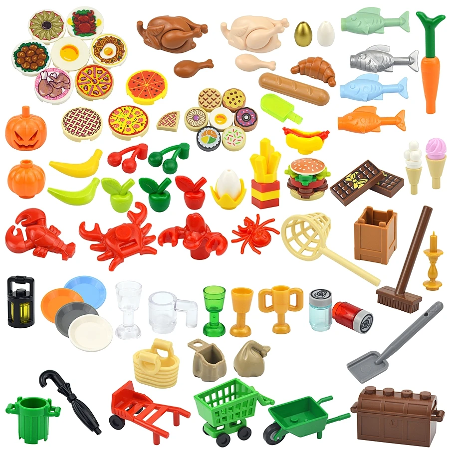 Moc City Mini Building Block Accessori Per Alimenti Pesce Mela Hot Dog Torta Pizza Patatine Fritte Pollo Figure Brick Box Plate Giocattolo Compatibile
