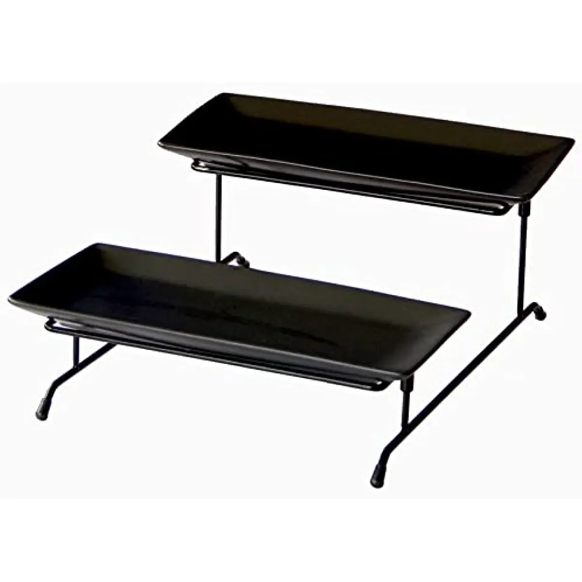 

2 Tier Serving Tray Stand Collapsible Detachable Black Tiered Serving Tray with 2 Porcelain Serving Platters Tier Serving Trays
