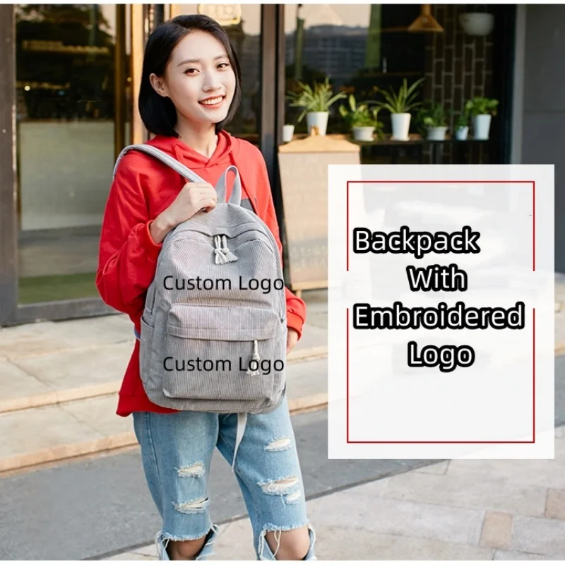 

Personalised Corduroy Knapsack Customized Embroidered Logo Backpack Unisex Classic Campus Portable Ultra Soft Handbag
