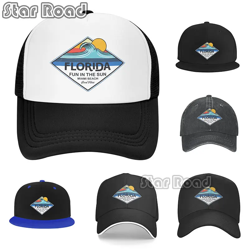 

2023 Summer Florida Trucker Cap Hat Miami Seaside Beach Mesh Cap Vacation Sandbeach Sea Wave Surfing Hat Cap for Men Women Youth