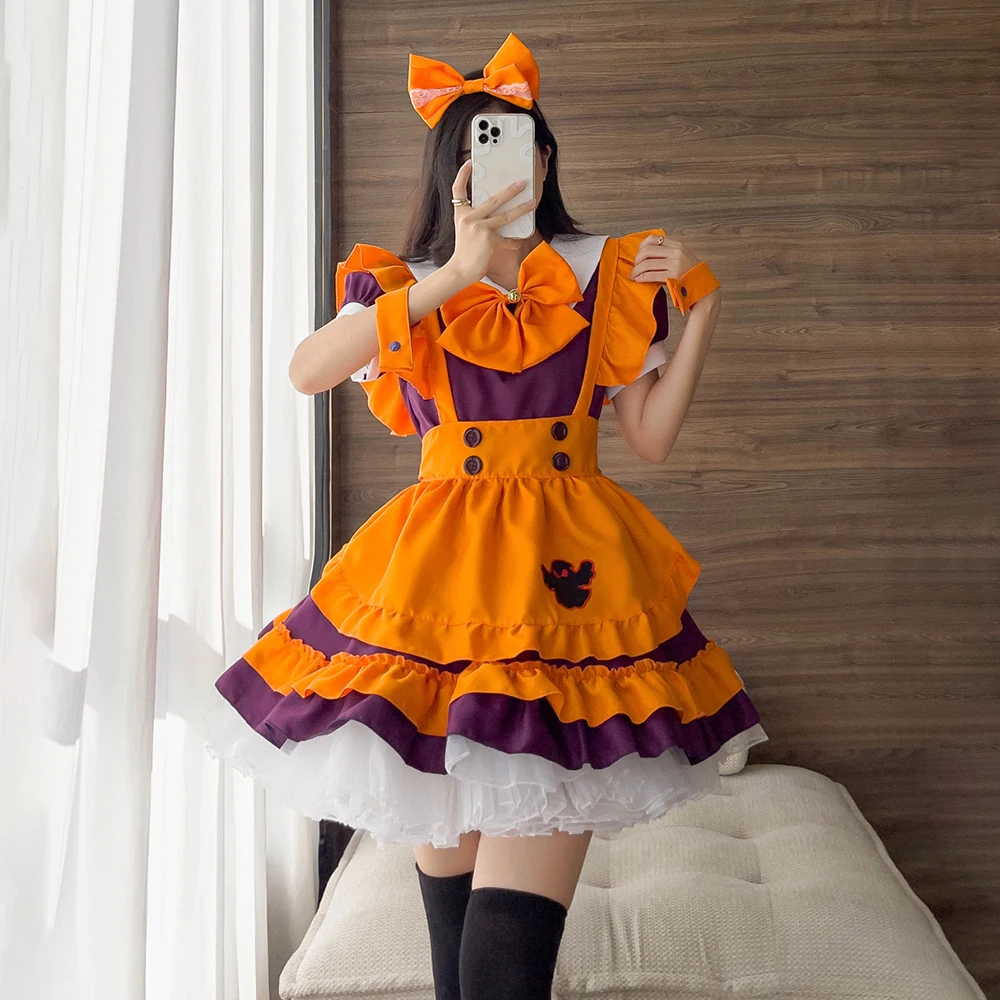 

Halloween Little Ghost Print Lolita Dress Anime Maid Costume Cosplay Costume Ladies Cute Style Peter Pan Collar Ruffle Dresses