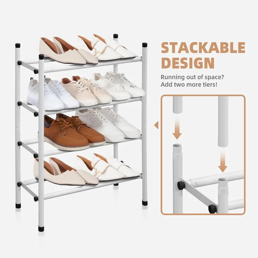 Expandable Shoe Rack 16 Pairs Stackable Small Shoe Rack Metal Adjustable Shoes Organizer for Closet Entryway Hallway Garage Fro