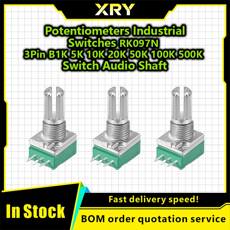 XRY Potentiometers Industrial Switches RK097N 3Pin B1K 5K 10K 20K 50K 100K 500K Switch Audio Shaft 15mm Amplifier Sealing 5Pcs