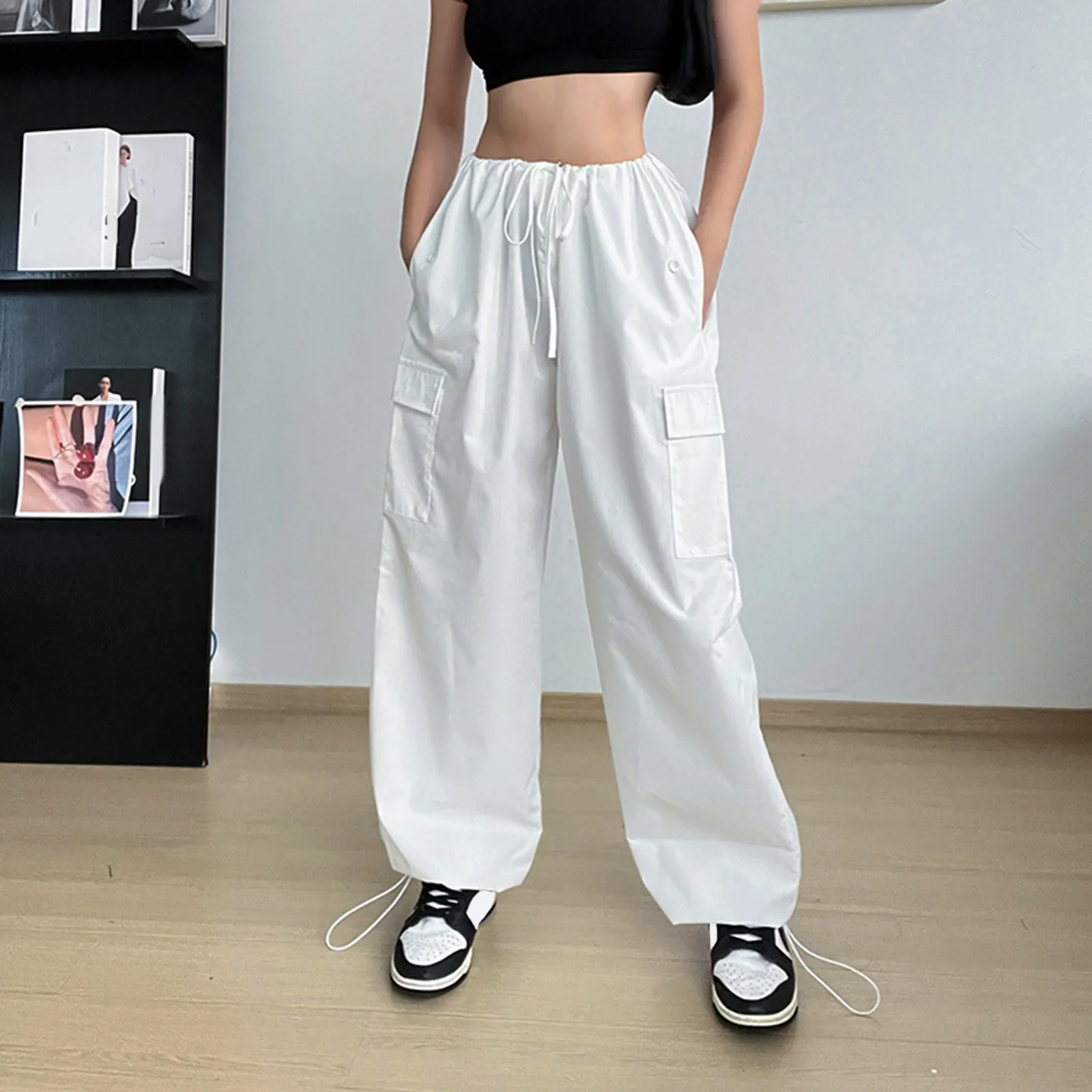

Y2k Cargo Pants Women High Waist Overalls Pants Wide Leg Long Trousers With Pockets Stretch Pants Baggy Oversize Trousers Jogger