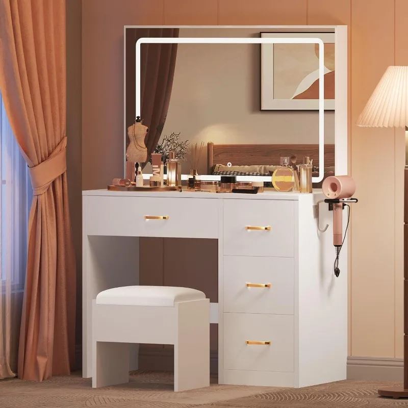 

Makeup Vanity Desk with Large Lighted Mirror with Power Outlet and LED Strip, 3 Color Lighting Modes with Adjustable Brightness