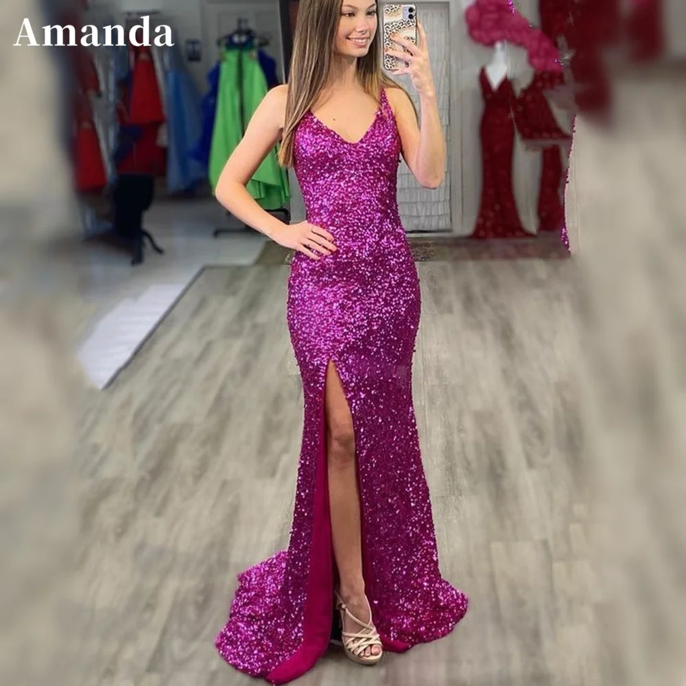 

Amanda Purple Spaghetti Strap Evening Dress Glitter Mermaid Prom Dress 2023 Shiny Fishtail Party Dress فساتين مناسبة رسمية