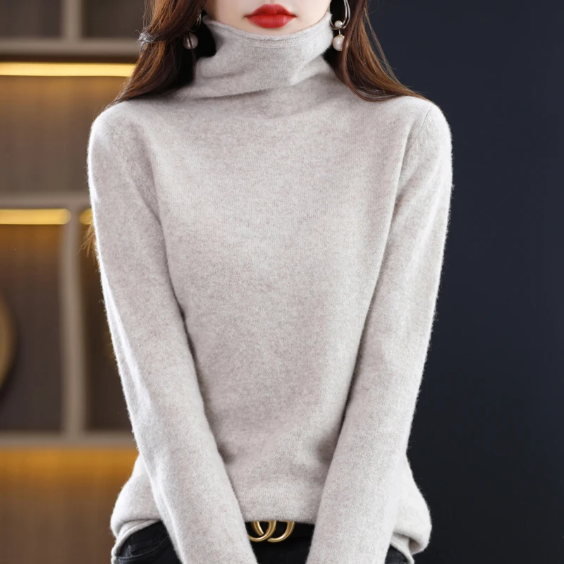 

Autumn and winter new turtleneck sweater 100 pure wool thickened and slim pullover knitted bottoming pile collar sweater women