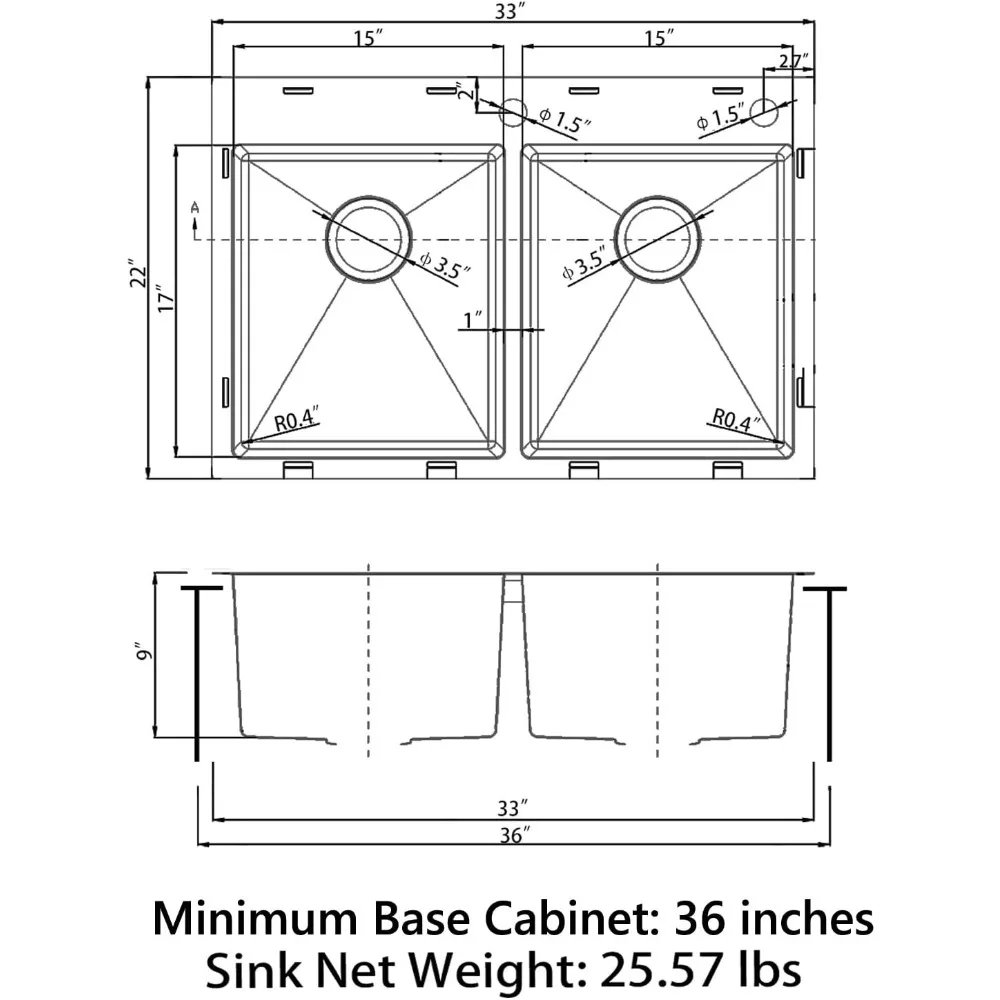 Stainless Steel Kitchen Sink (33&rdquo; x 22&rdquo; x 9&rdquo;(Black Sink Only))
