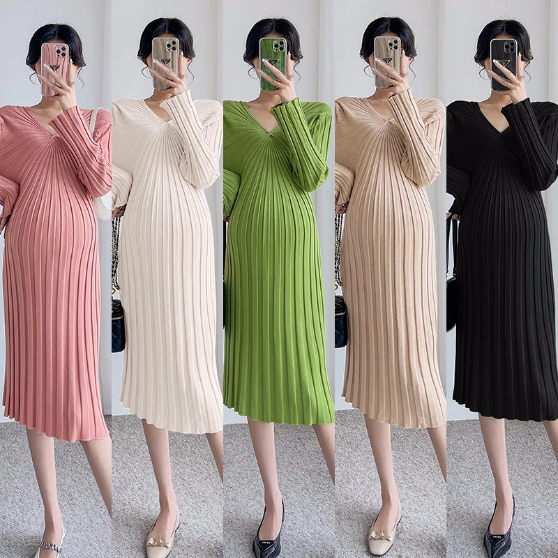 Solid Color Long Sleeve V-Neck Maternity Knitted Dress Winter Pregnancy Pleated Dress Knee-length Pregnant Woman Knitting Dress