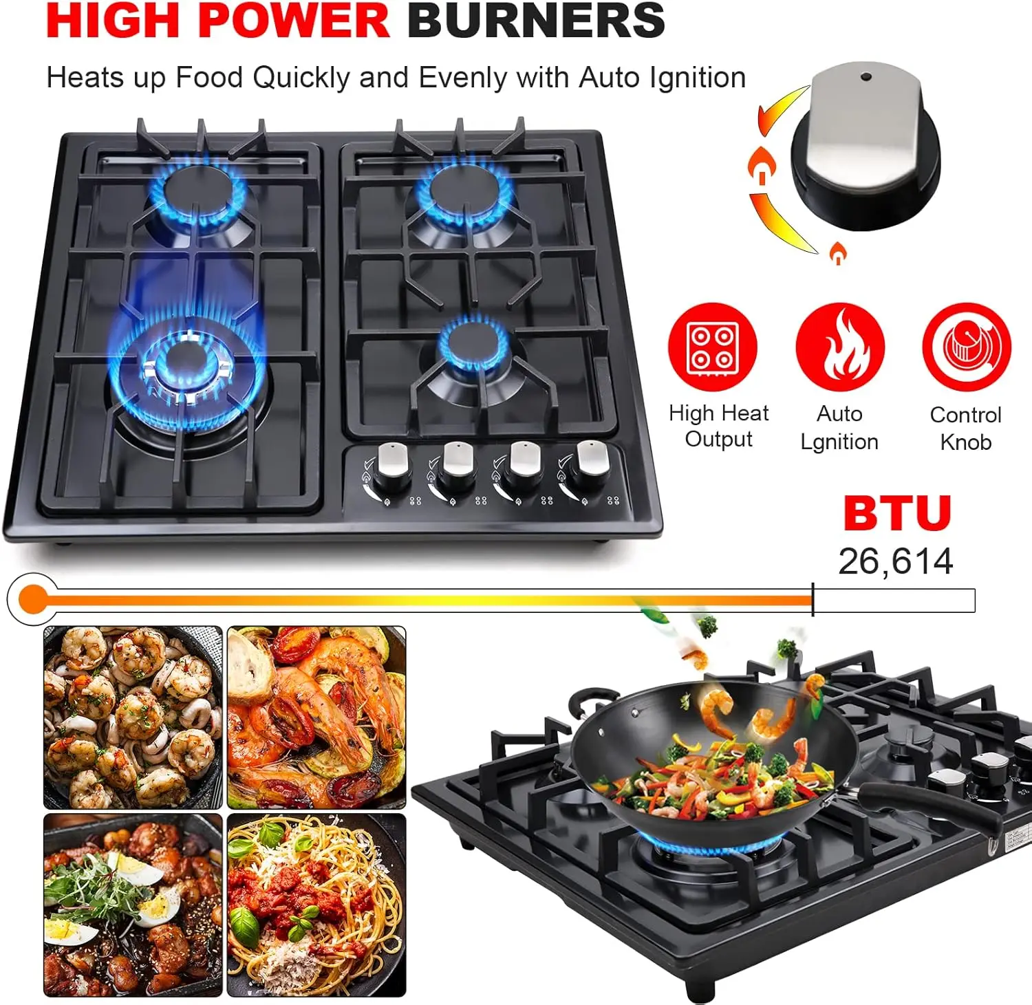 Gas Cooktop 22Inch，Built in Gas Cooktop 4 Burners Stainless Steel Stove with NG/LPG Conversion Kit Thermocouple Protection