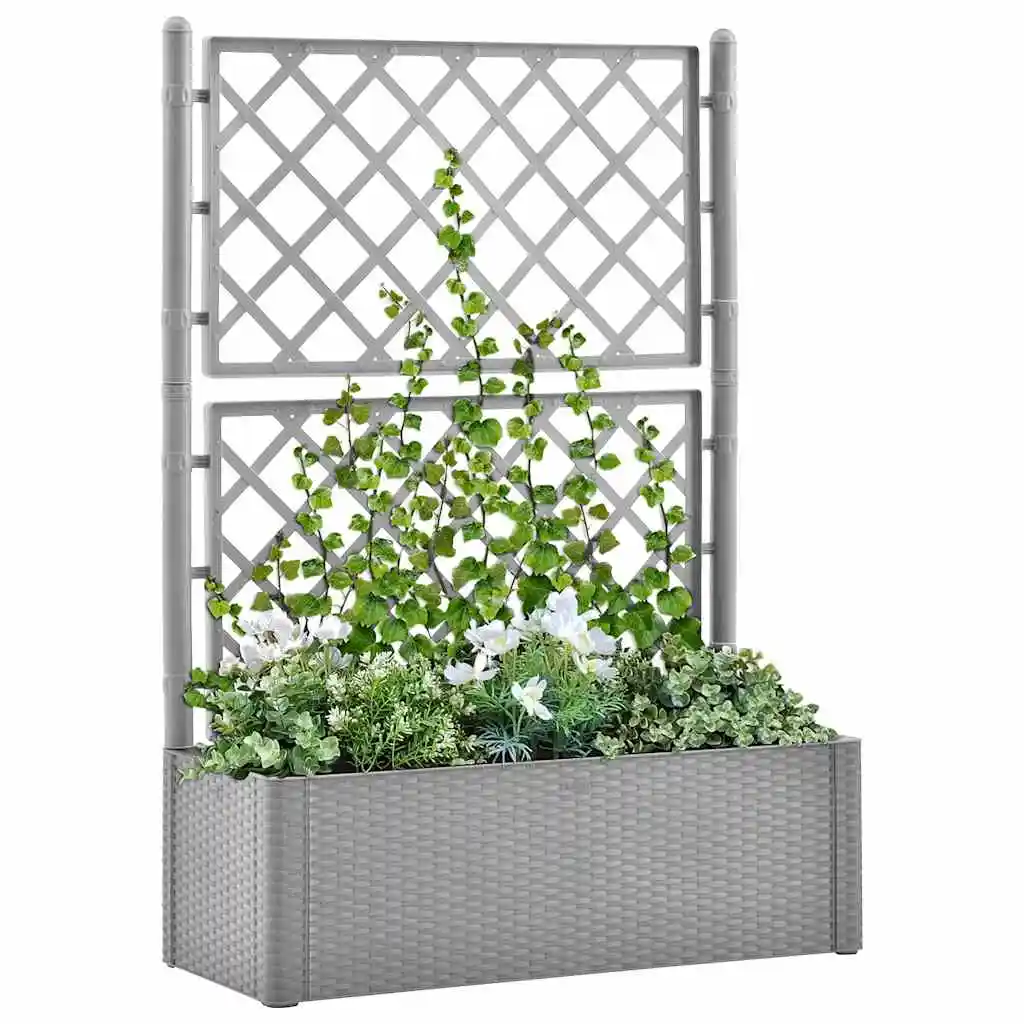 Grauer Garten-Hochbeet mit Gitter und Bewässerungssystem für den Außenbereich als Gemüsebeet – Detail 1