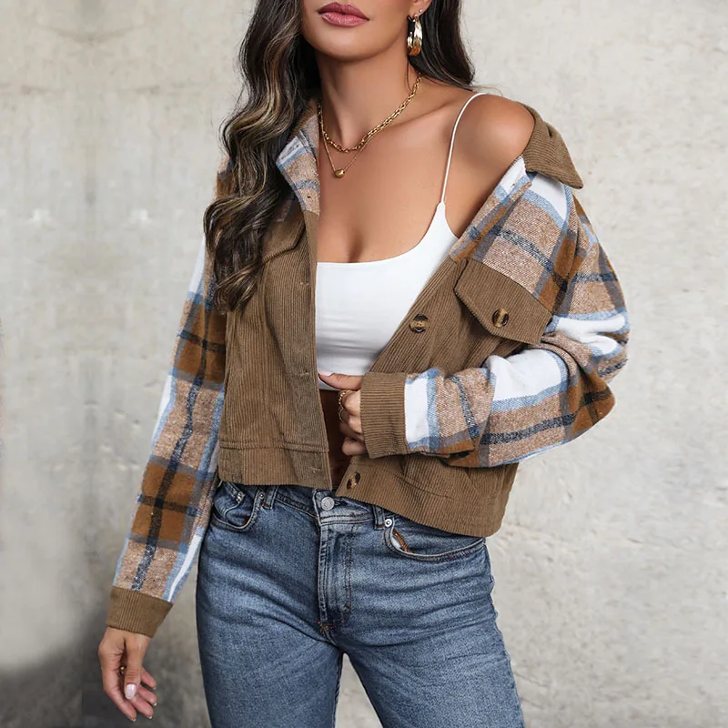 women jackets zaful plaid corduroy double fabric drop shoulder shacket xl coffee 2024 Spring Women's Jackets New Corduroy Plaid Blouse Vintage Lapel Patchwork Cardigan Ladies Coat Casual Streetwear Outerwear