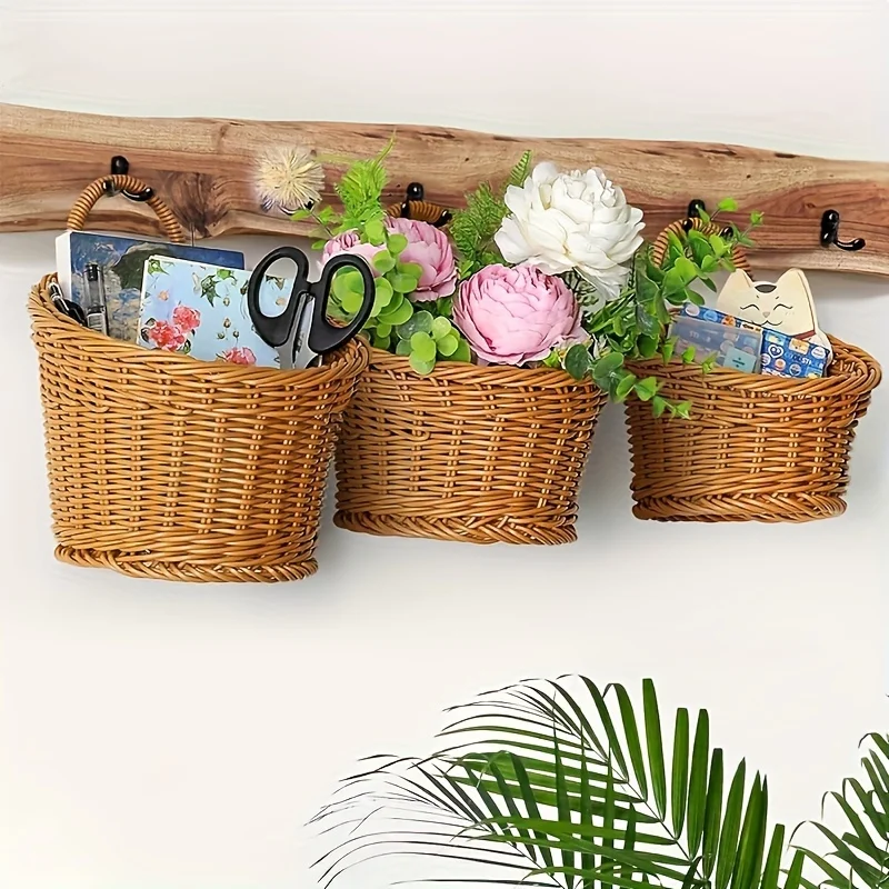 3 pieces of bamboo-like wall-mounted storage baskets, plastic woven hanging baskets, multi-functional sundries containers 2