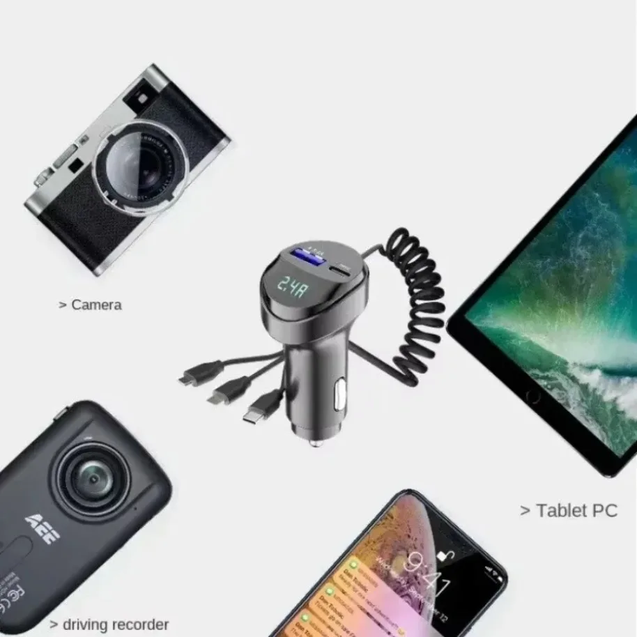 3 In 1 2 Ports USB Car Bluetooth Smart Phone Charger 3.1A with Voltage Display Car USB Retractable Charging Cable Fast Charging