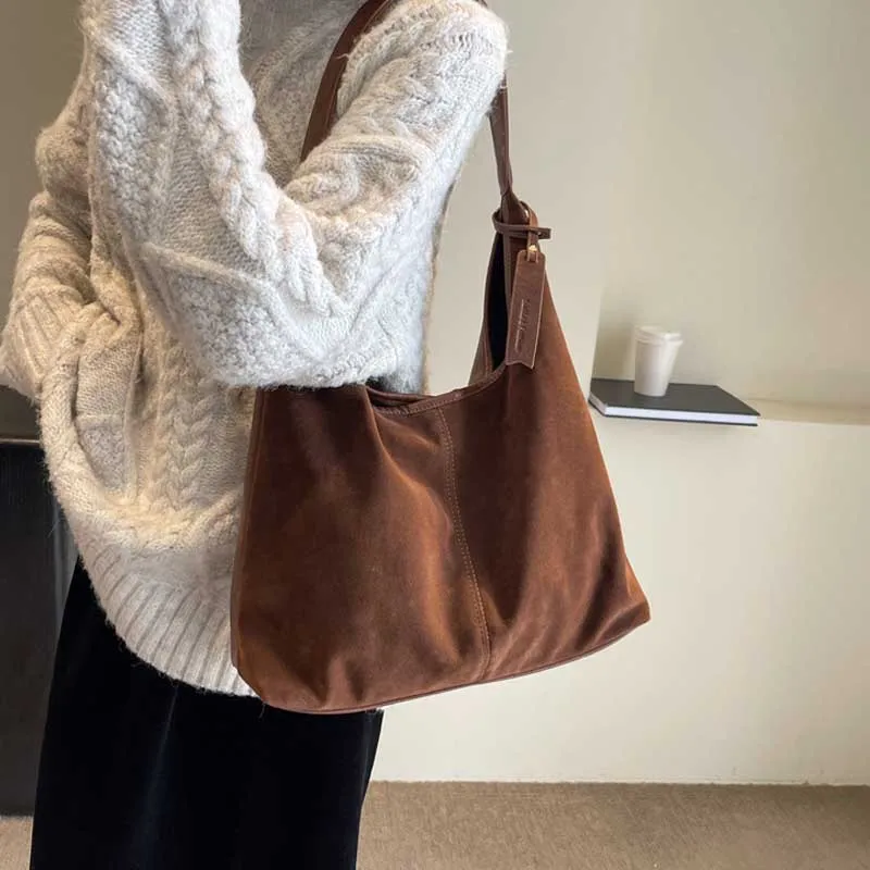 Women Suede Hobo Bag Vintage Shoulder Bag Autumn Winter Handbag Solid Color Large Capacity Shopping Bags Purse for Ladies Totes