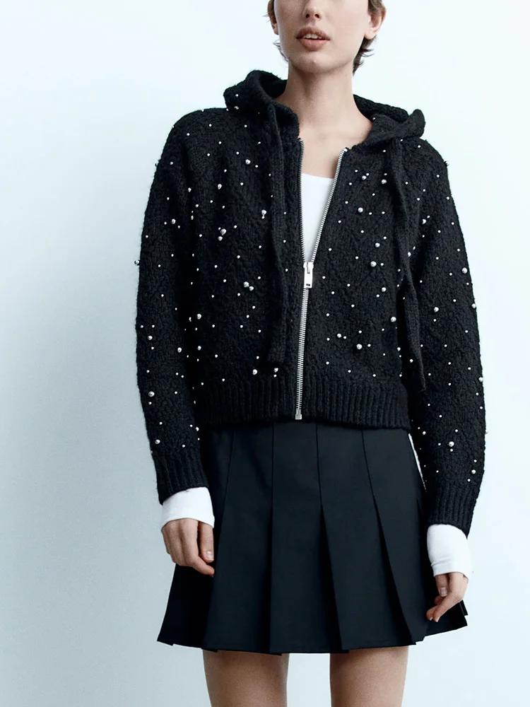 

Уличный стиль, модный кардиган оверсайз с длинным рукавом и мерцающими стразами для женщин, черный вязаный свитер с капюшоном на молнии, кардиган