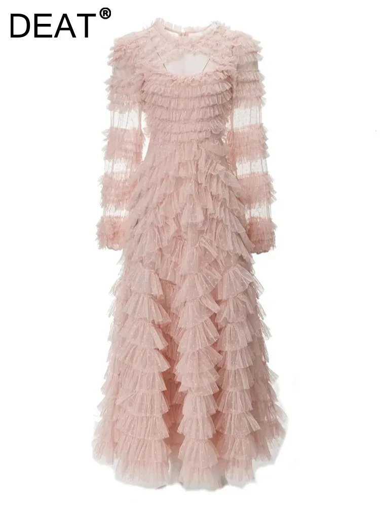 

Женское банкетное платье с круглым вырезом DEAT, разноцветное платье с сетчатыми вставками, модель 3WQ8384, 2024