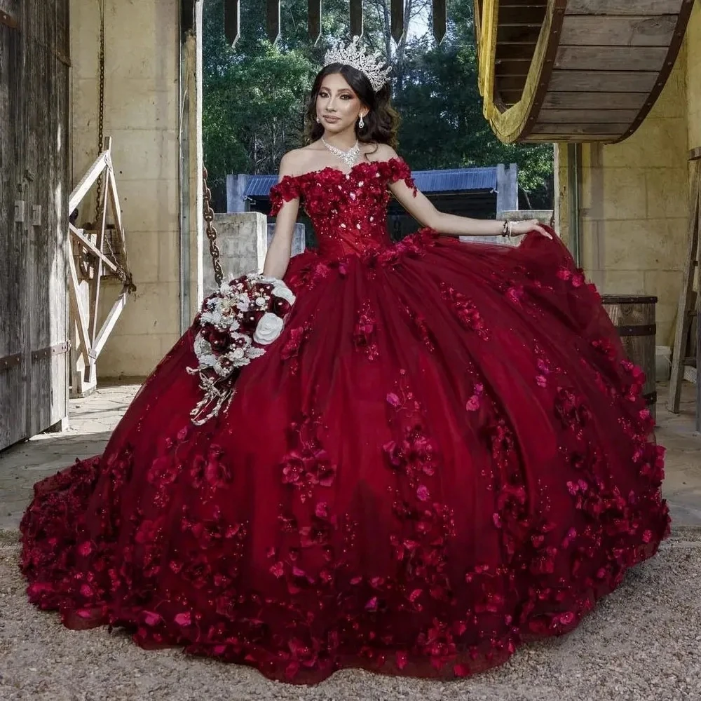 

Burgundy Princess Quinceanera Dresses Ball Gown Off The Shoulder Floral Pearls Sweet 16 Dresses 15 Años Custom