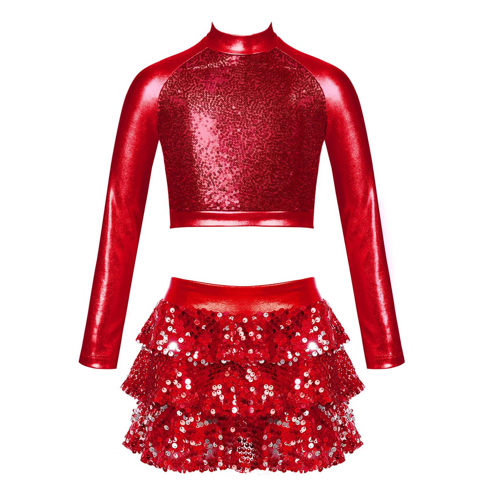 thumbnail image 1 of Niños Niñas Ballet Jazz baile de hip hop traje de actuación Top corto metálico brillante con volantes escalonados falda culottes cortos, 1 of 5