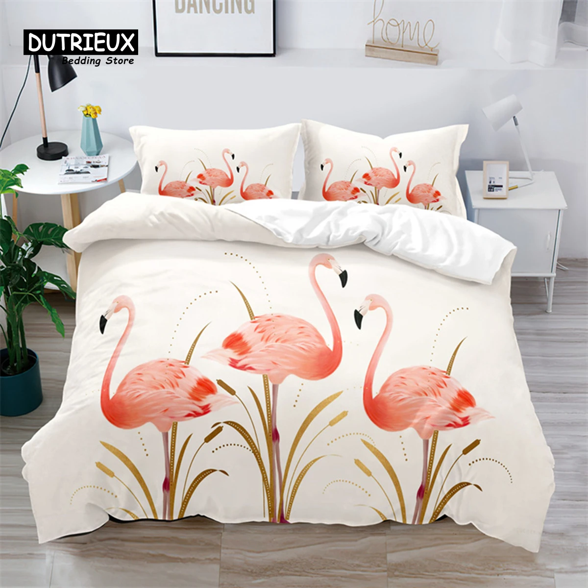 

Soft Colorful Flamingo Bedding Set Queen Size Microfiber Tropical Flowers Green Leaves Duvet Cover With Pillowcases Home Textile