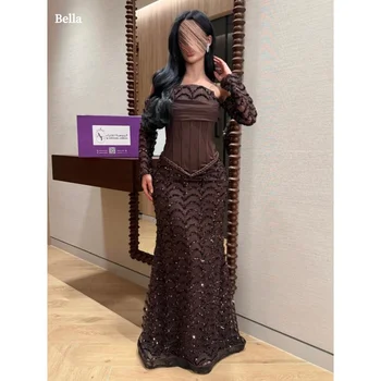 Bella Customized Dark Brown Strapless Prom Dress Detachable Lace Long Sleeve Sequin Mermaid Corset robes de soirée Elegant 2025 1