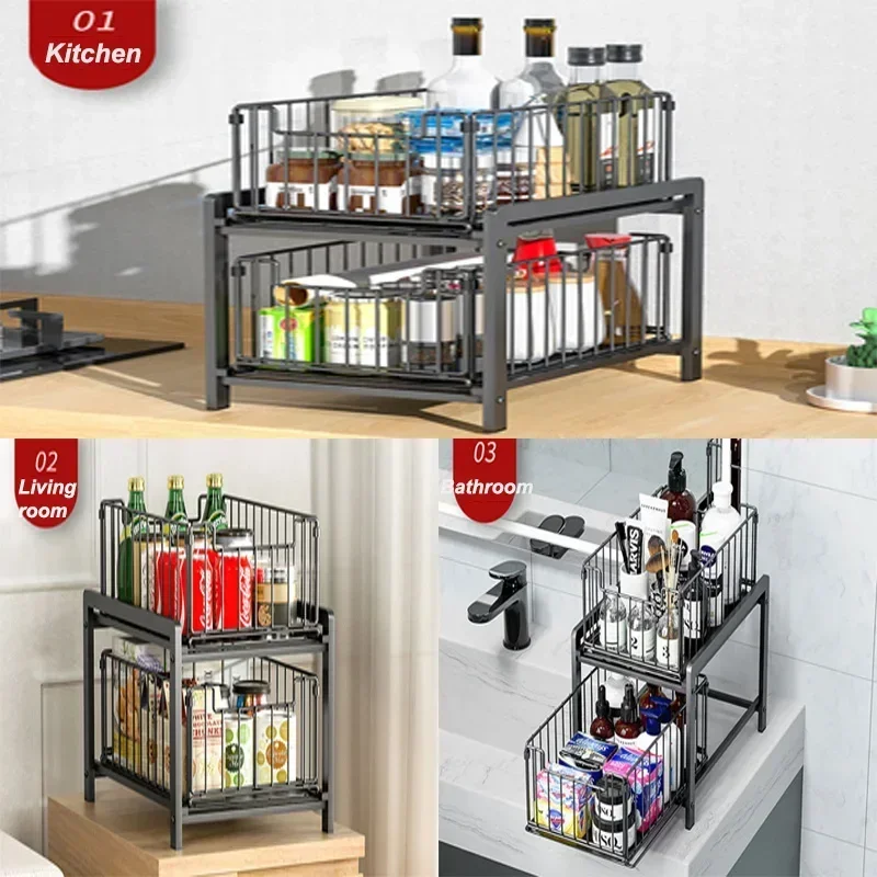 Under Sink Shelf Cabinet Organizer  2-Layer Removable Pull-Out Kitchen Under Sink Organizer Storage Rack with Drawers 5