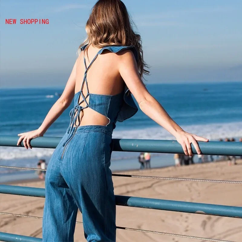 Sexy Backless Jeans Jumpsuit 2023 summer Spring New Ruffled Bodysuit American Fashion Lace Up High Waist Playsuits Streetwear