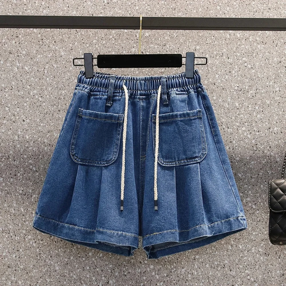 

Loose High Waist Casual Elastic Denim Shorts Preppy Style Lace-Up Large Size Wide Leg Jeans Short Pants Pantalones Cortos Summer