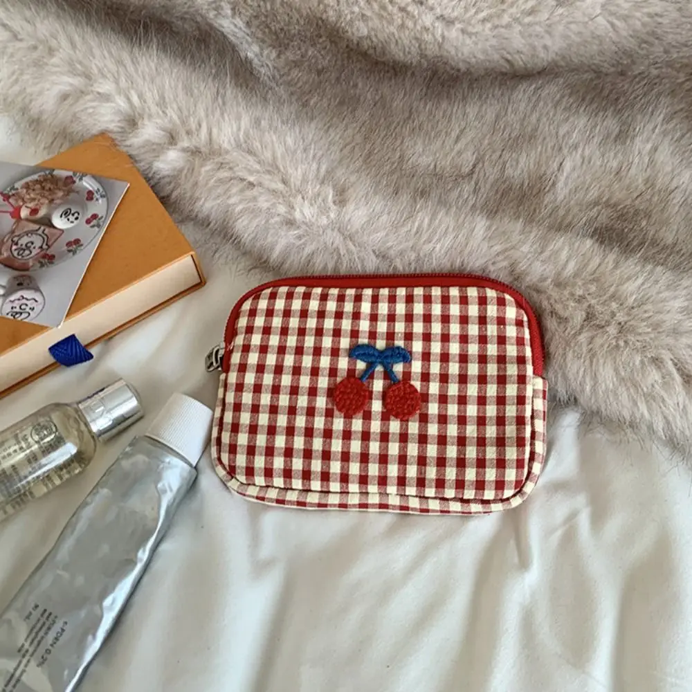 Portable Cotton Plaid Makeup Multifunctional Purse Cherry Cosmetic Card Cloth Storage Bag Travel_voghion.com
