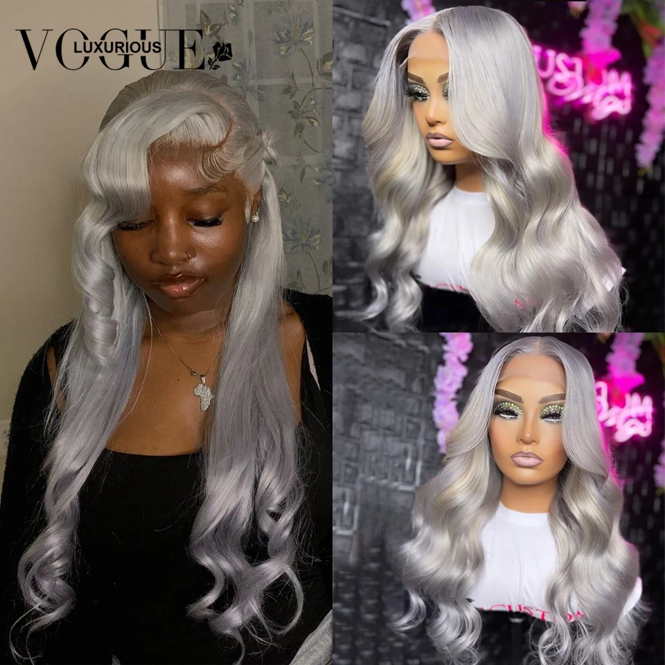 

Silver Grey Human Hair Wig For Black Women Transparent 13x4 Body Wave Lace Front Human Hair Wigs Gray Colored Guleless Wigs