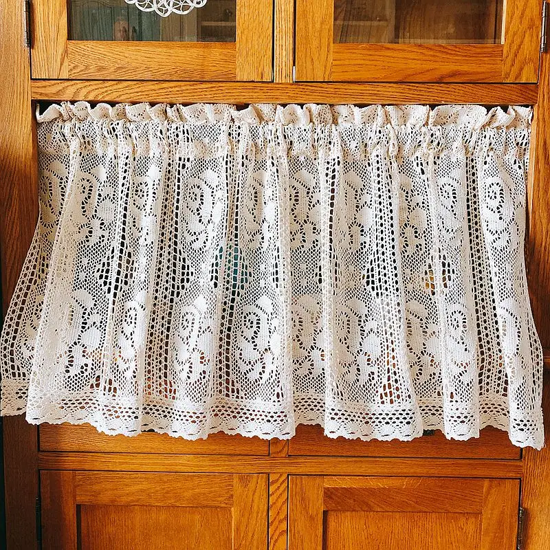 American Country Crochet Hollow Short Curtains for Roman Window Kitchen Manual Rose Lace Half Curtains Valance #A036 5