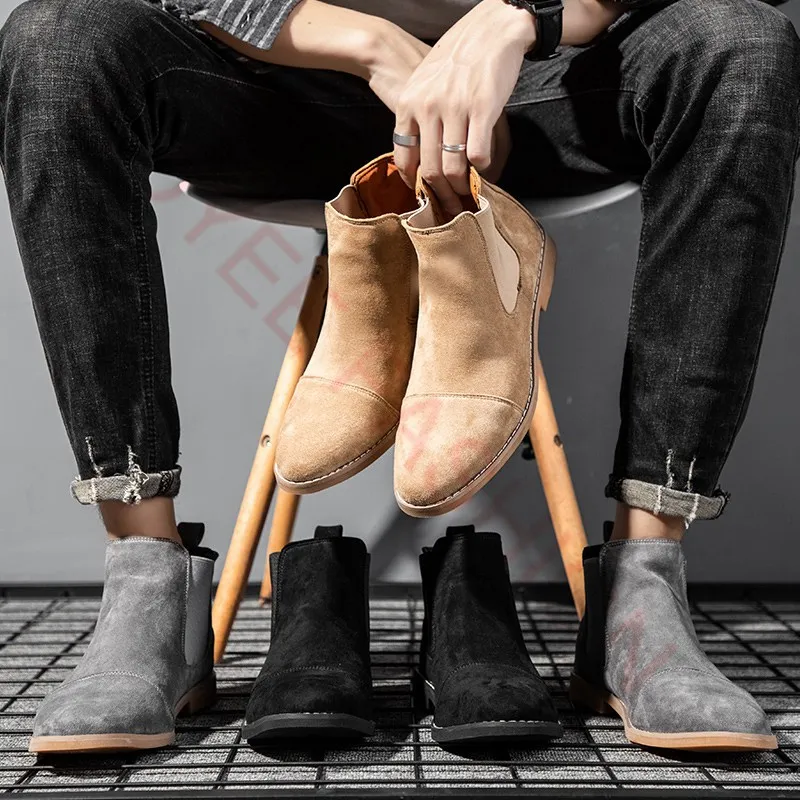 Fashion Shoes Yellow Chelsea Boots Men Comfort Dress Boots Men Business Shoes Men's Suede Leather Zapatos Hombre Ankle boo