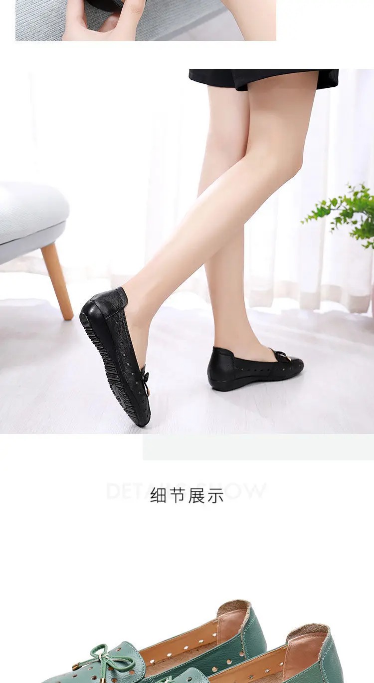 2022 Summer Mom Cowhide Leather Moccasins Woman Slip On Wedges Shoes Designer Breathable Hollow Out Bowtie Ballet Flats