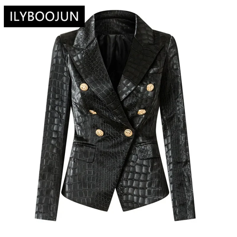 

Unique Designing Animal Crocodile Pattern Leather Black Blazer Double Breasted Buttons Luxurious PU Street Jackets For Women