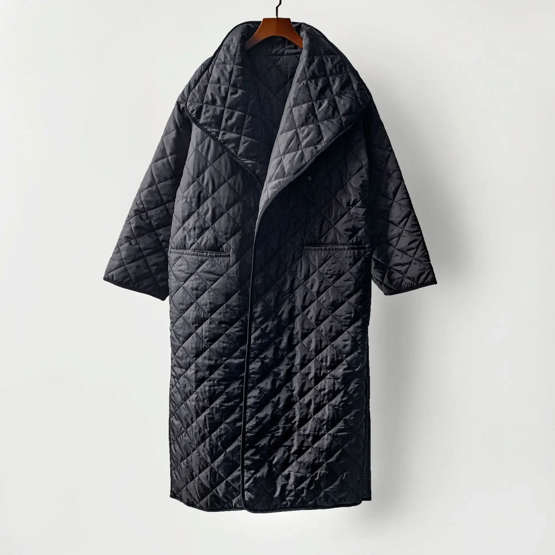 

Women Parkas Coat Turn-Down Collar Hem Split Simple Loose Fall Winter Fashion Plaid Mid-length Jacket With Pockets