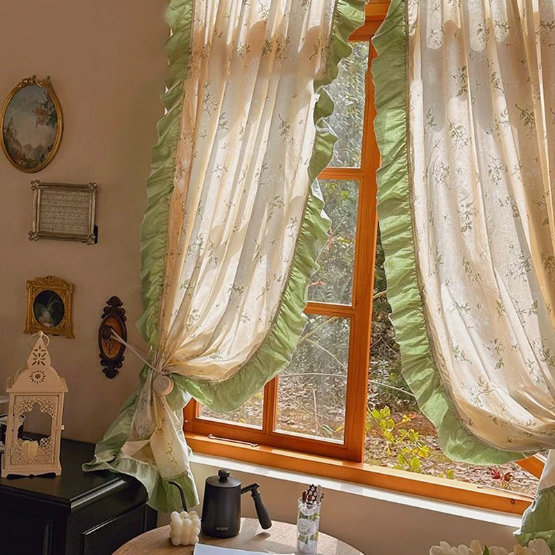 Idyllic French Retro Flowers Door Curtains Cloth for Living Room Green Warp Ruffled Cotton and Linen Curtains for Kitchen #A401 5