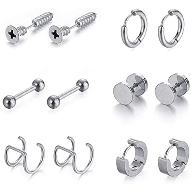 6 Pairs Stainless Steel Stud Earrings Set Piercing Black Dumbbell Stud