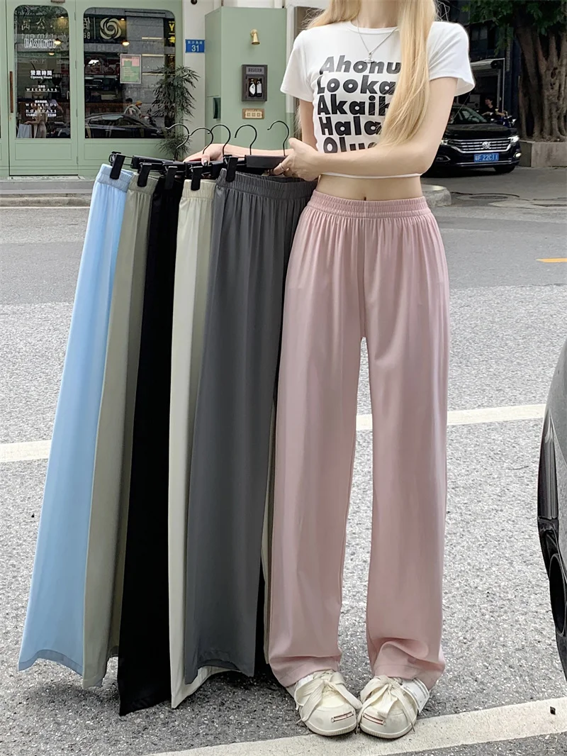 hz18112 over wide temperature range astm d2265 lubricating grease dropping point apparatus for sale Pink Elastic High Waist Satin Casual Pants For Women's Summer Loose Straight Leg Sports Wide Leg Pants Dropping Floor Trousers