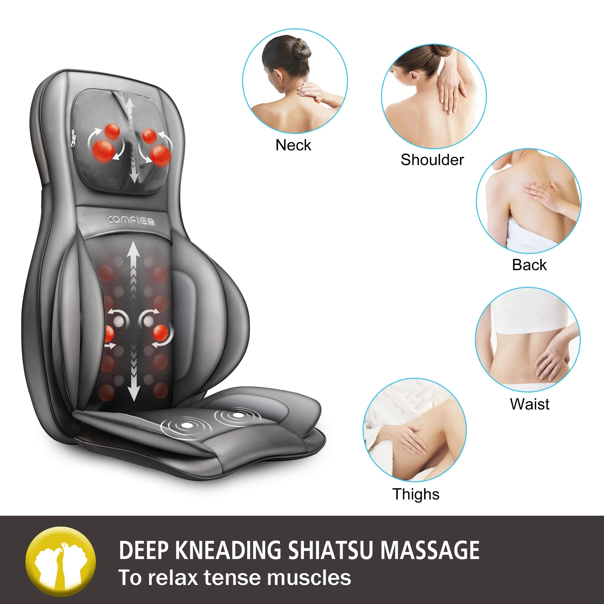 Air Compression Shiatsu Neck & Back Massager Seat w/ Heat, Rolling