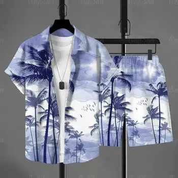 3D Hawaiian Plants Shirt Set Men's Short-sleeved Shirt Summer Short-sleeved Shirt Beach Short Men's Suit Street Casual Y2k Short