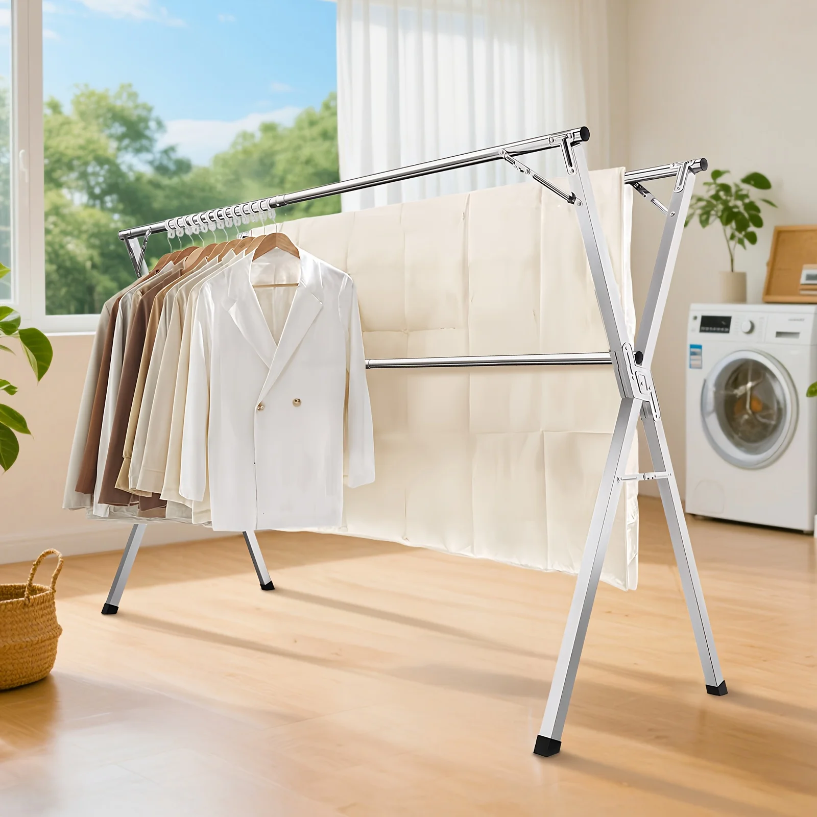 Folding Metal Drying Rack with 20 Hooks, Retractable Large Capacity X ...