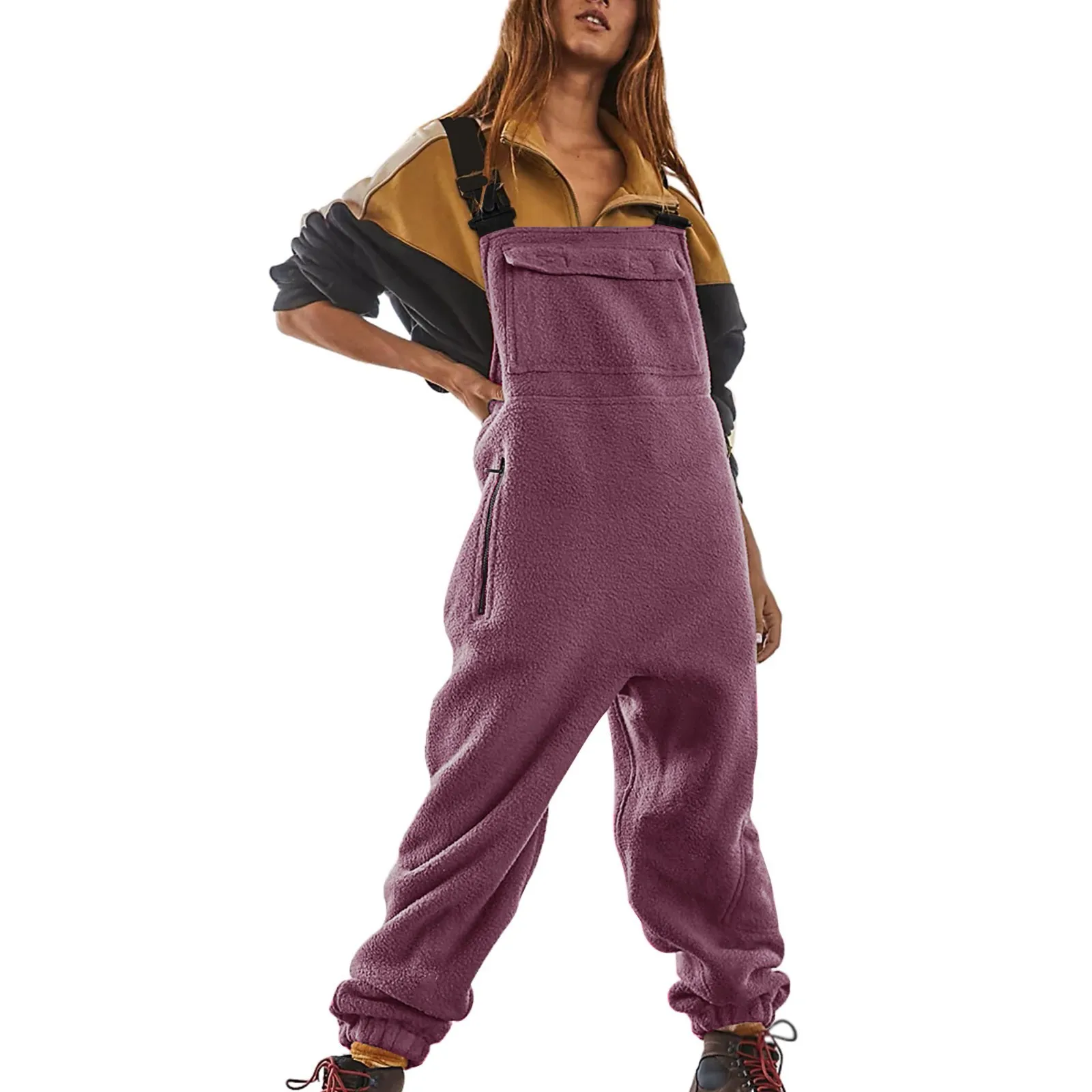 

Womens Fleece Overalls One-Piece Bibs Jumpsuits Adjustable Suspender Straps Warm Autumn Winter Fuzzy Ski Pants Solid Color