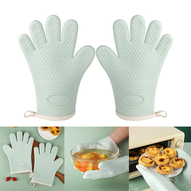 

A Pair Mint Green Silicone Heat Insulation Gloves Anti-scald Kitchen Household Gloves Heat-resistant Thickened Baking